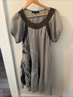 Gray Puff-Sleeve linen Midi Dress
